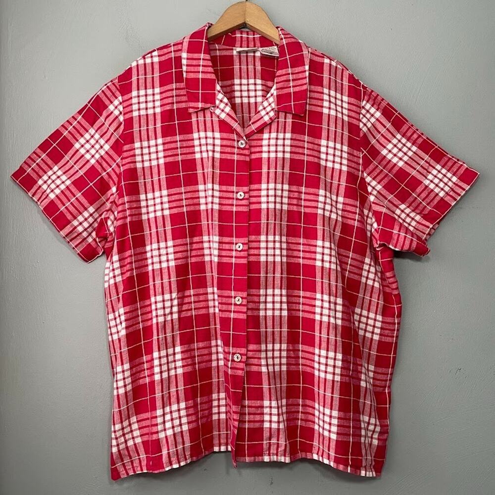 Koret Plus Size 24W Red White Plaid Linen Blend Button Up Shirt Country Grandma